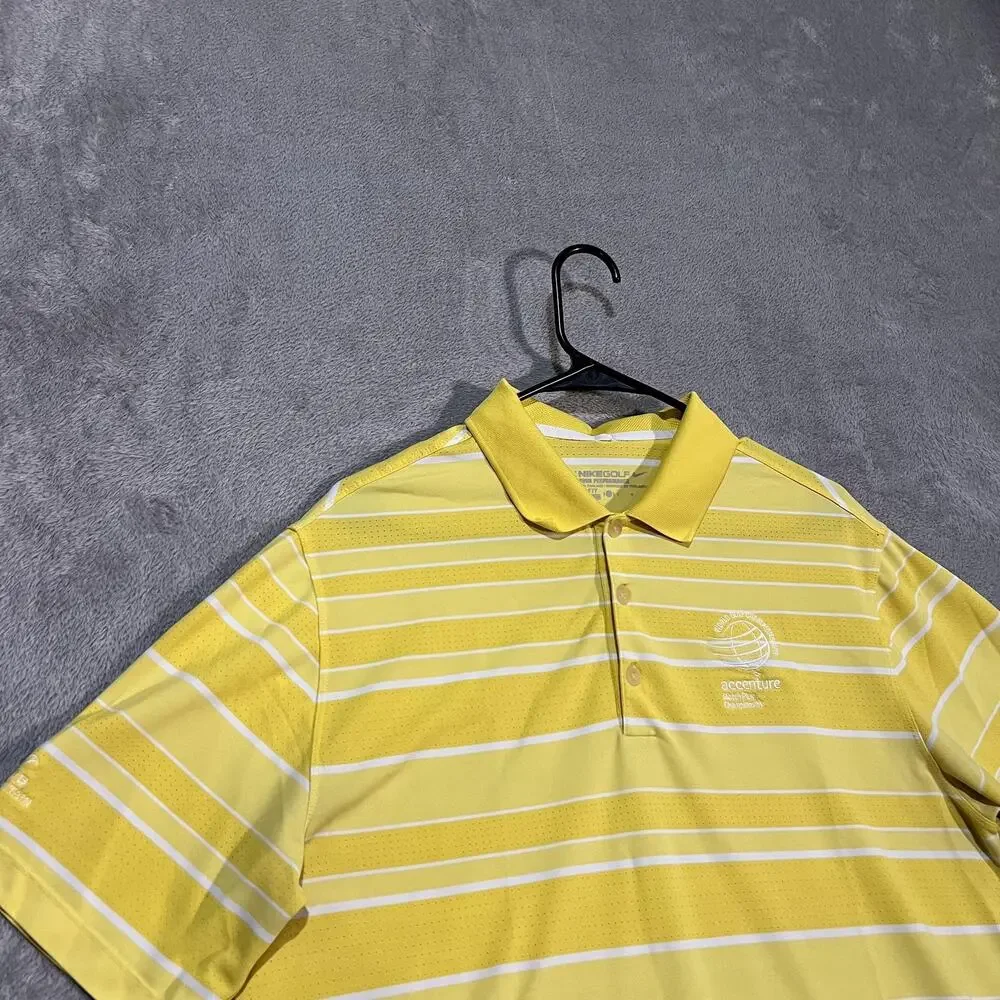 Nike Golf Shirt Mens Large Yellow Stripe Dri-FIT Polo Accenture WGC Performance